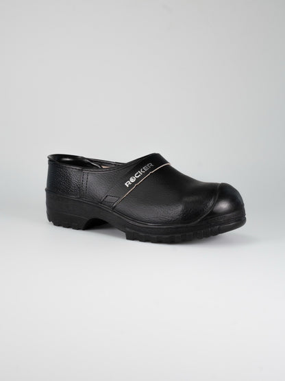 Rocker waterdichte werkklomp Hendrik, zwarte leren klomp, schuin aanzicht